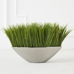 Faux Grass In Silver Pot
